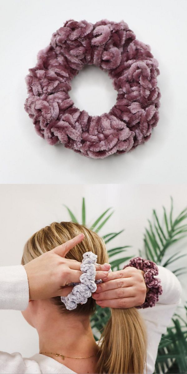 a crocheted scrunchie made with a velvety yarn