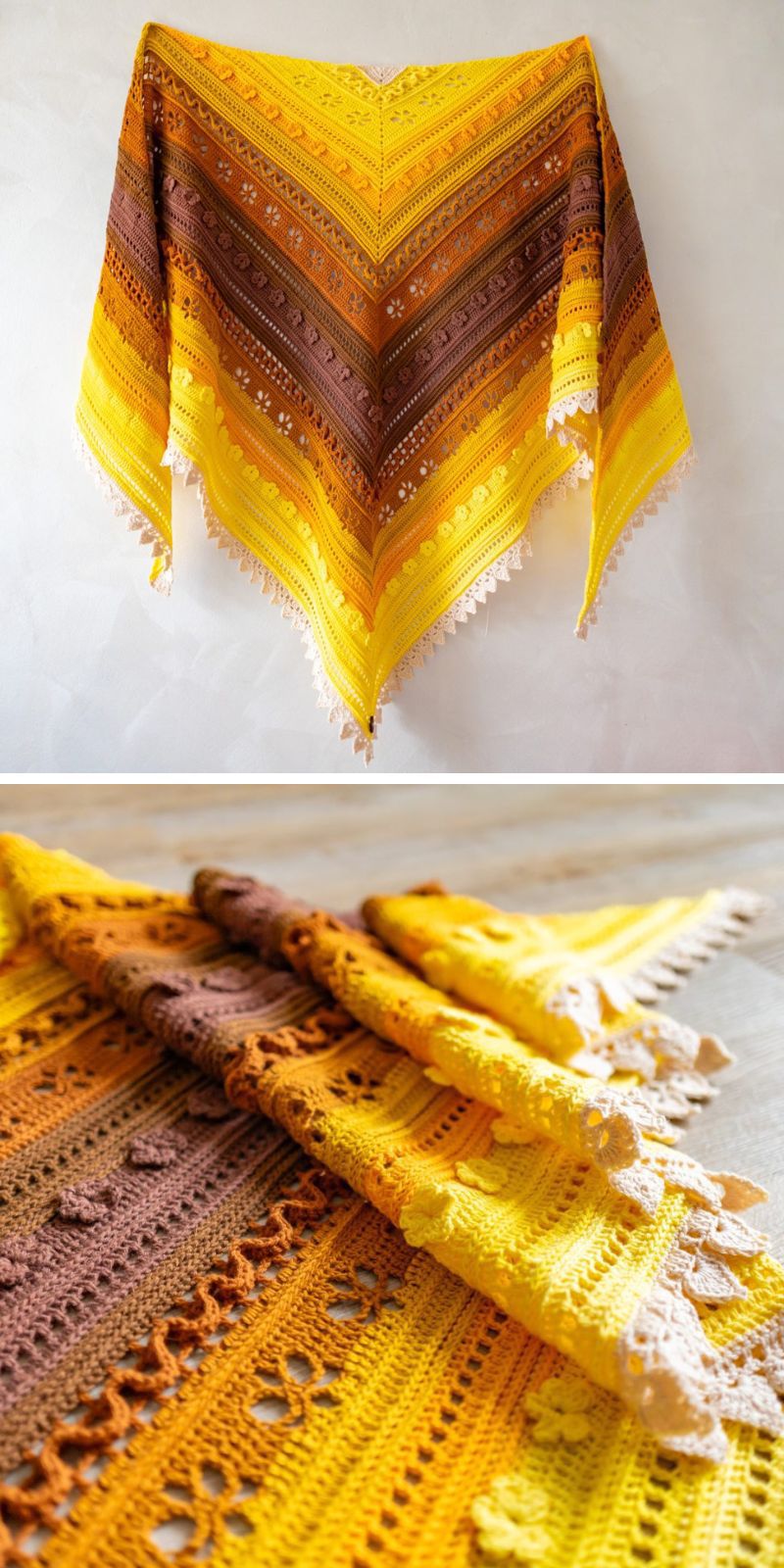 an intricatelly textured crochet shawl in a yellow color