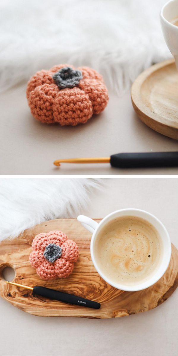 a small crocheted pumpkin amigurumi