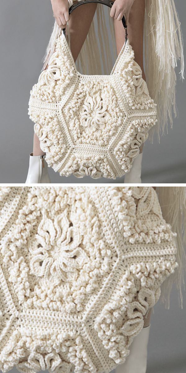 a white crochet bag made of intricate hexagons