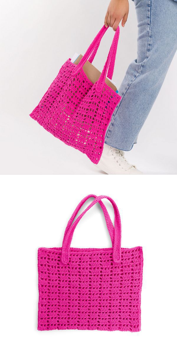 a pink mesh crochet tote bag