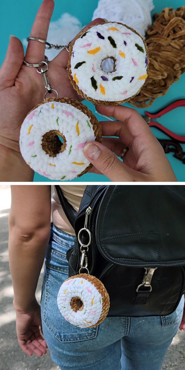 two crochet donut keychains