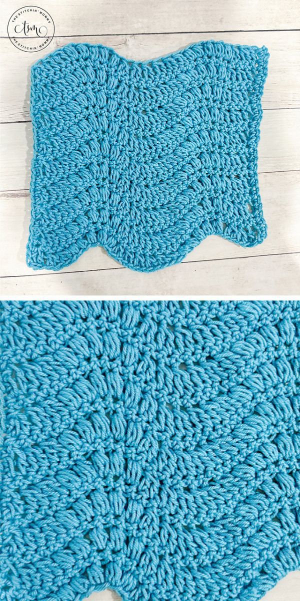 a blue crochet washcloth with a ripple design