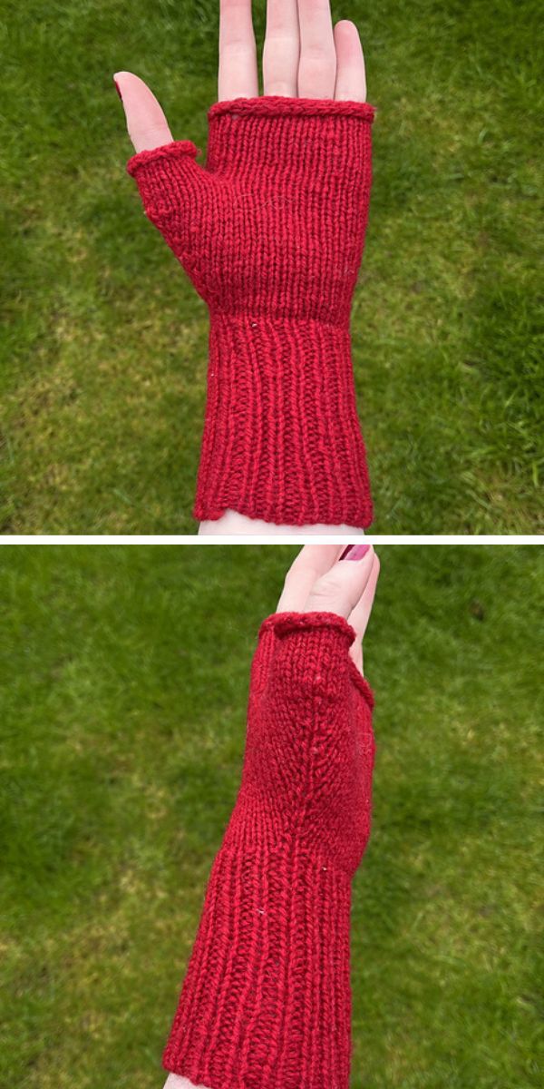 a red knit fingerless glove