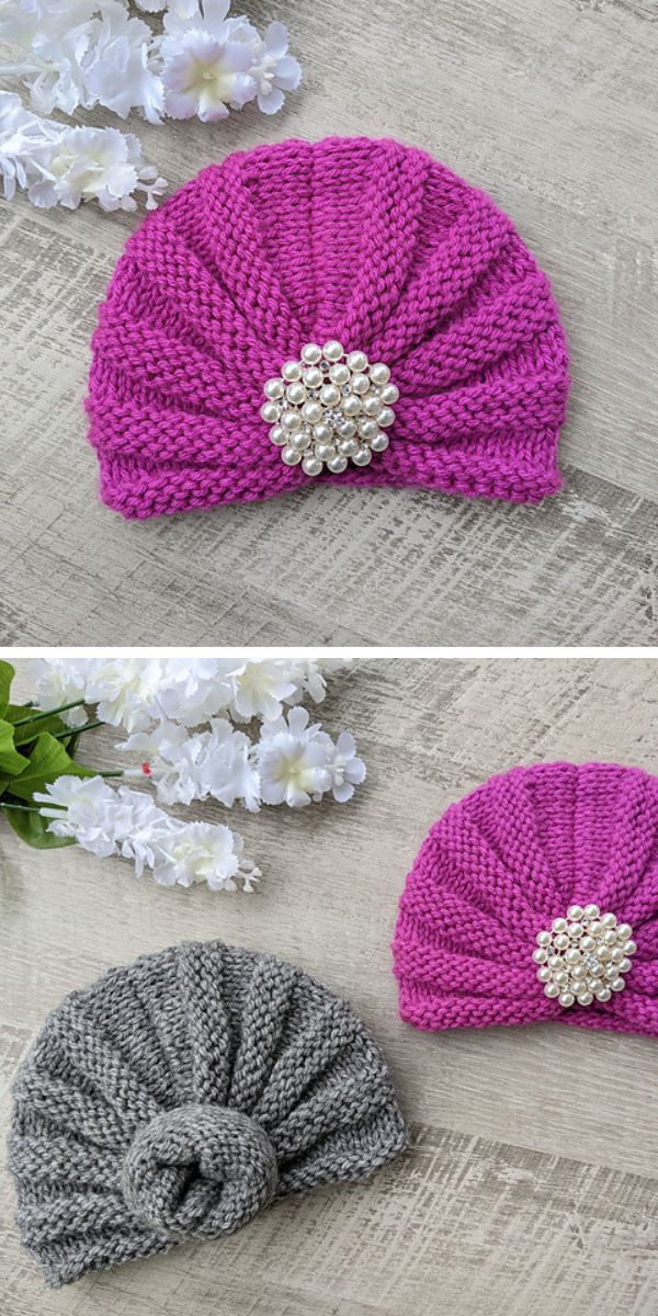 a knitted turban hat for a baby in purple and grey