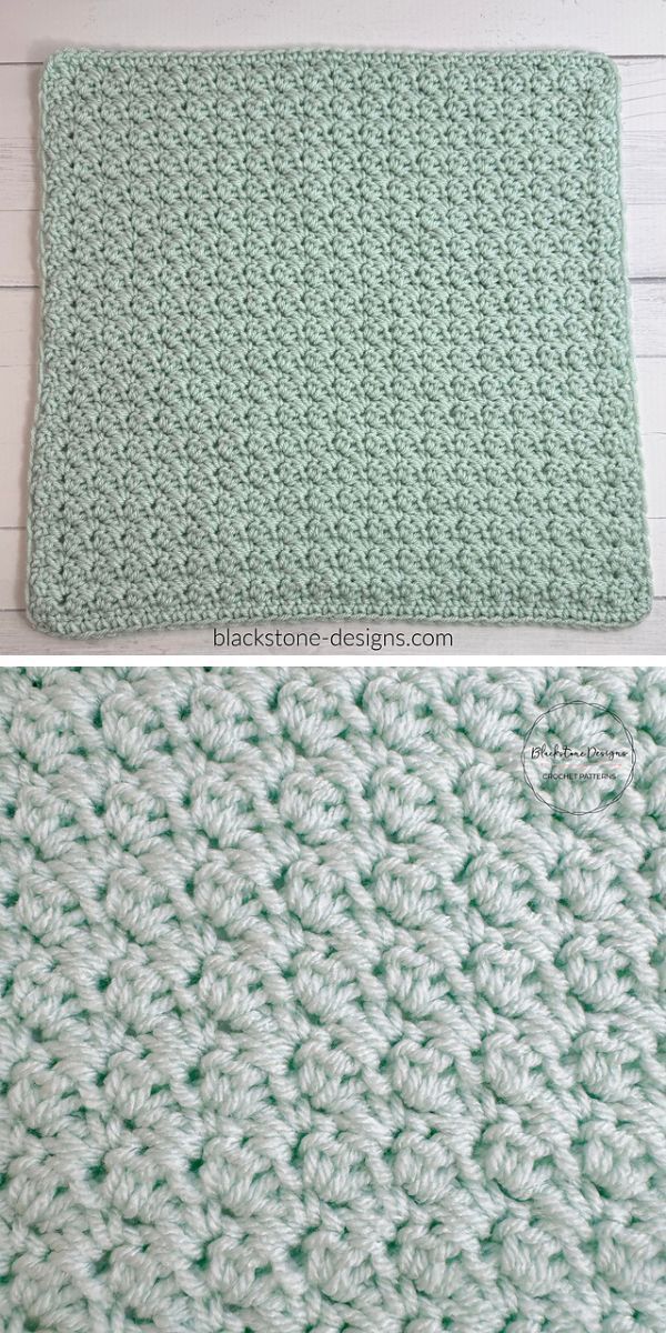 a crocheted afghan square in a pastel green