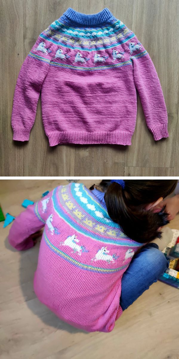 a knit sweater with unicorns motifs
