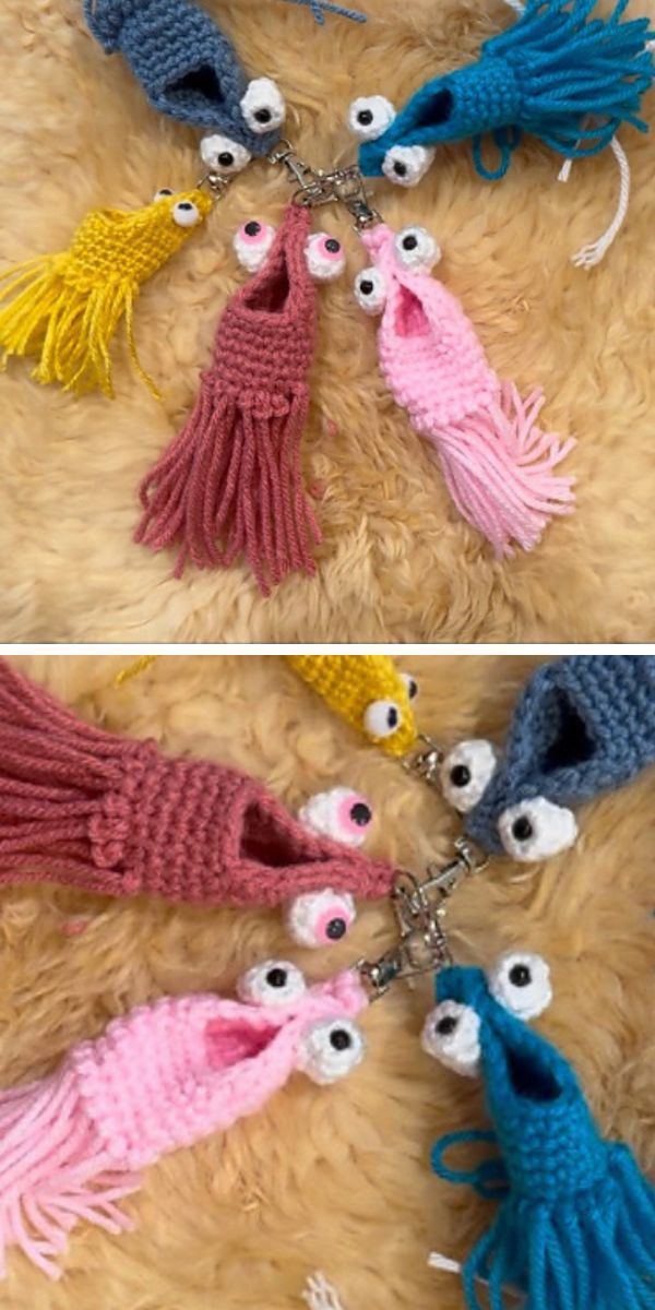 a set of funny crochet keychains in different colors