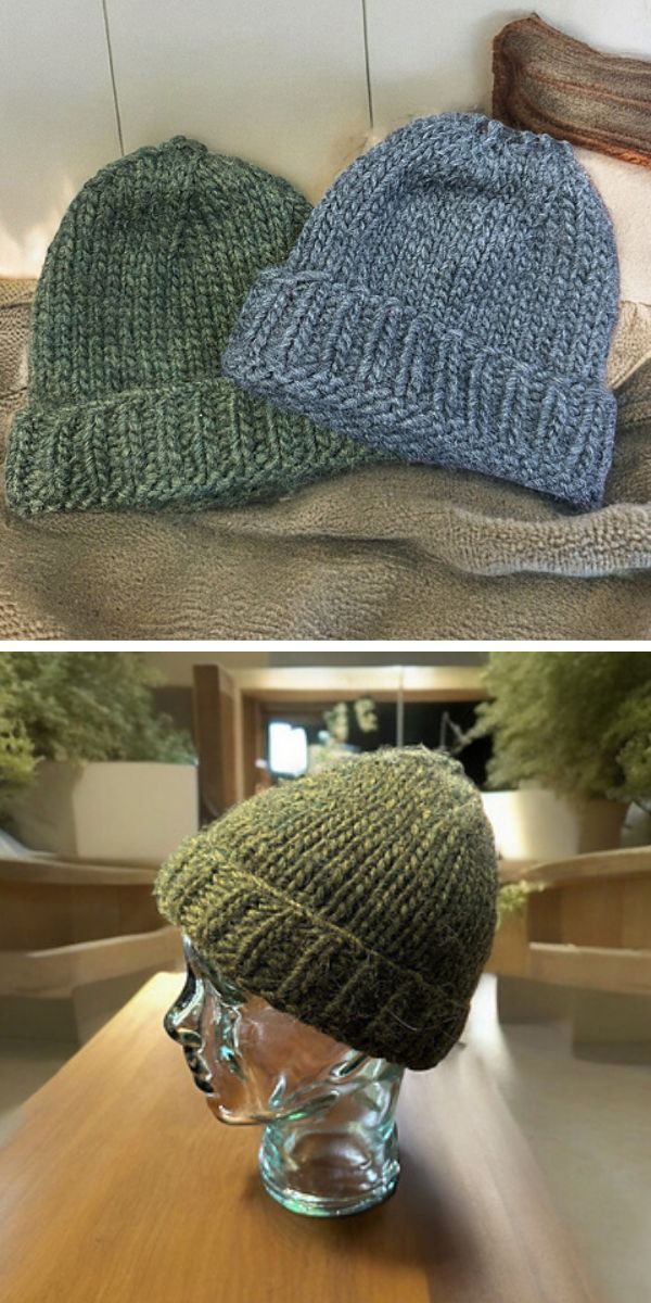 knitted beanies in dark blue and green