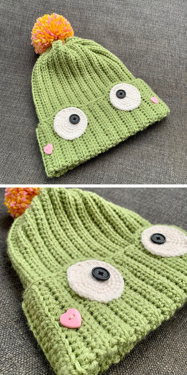 a crocheted hat with eyes