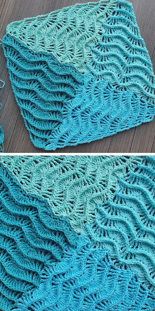 a blue crochet square with a wavy textured design