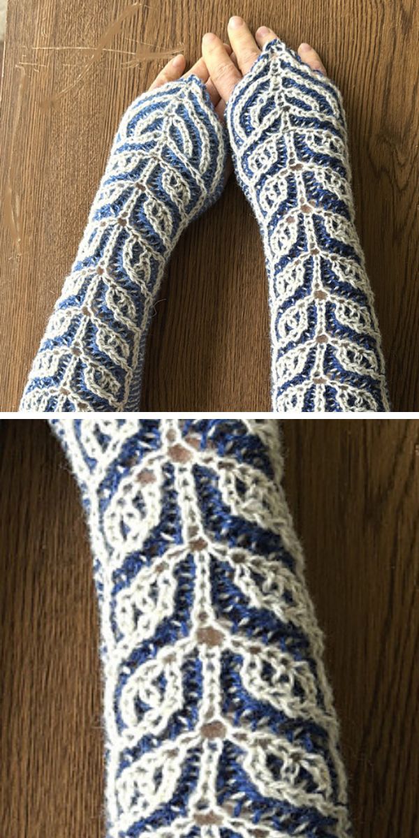 knitted fingerless gloves with an intricate leaf motif