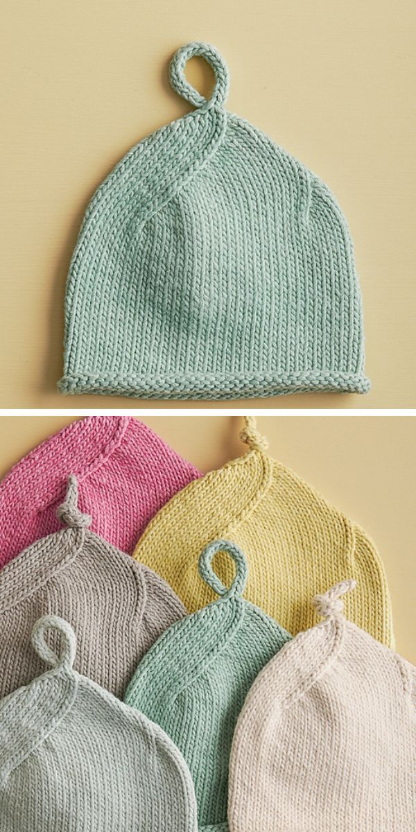 a collection of knitted baby hats with a top knot