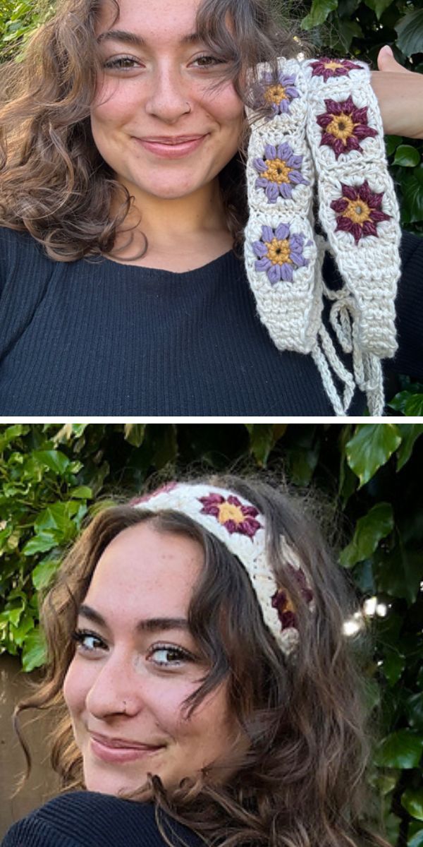 a woman wearing a crocheted headband made of granny squares with a flower motif