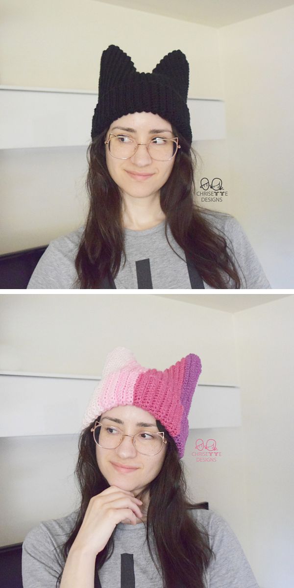 a woman wearing a crochet beanie with cat ears in black and pink