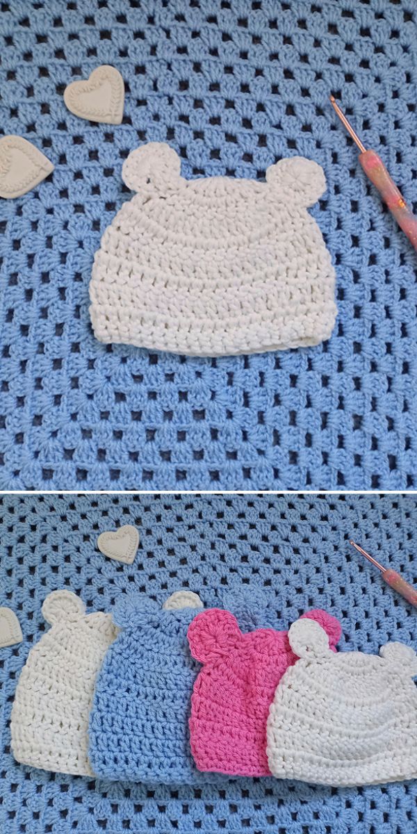 a crochet baby hat with bear ears