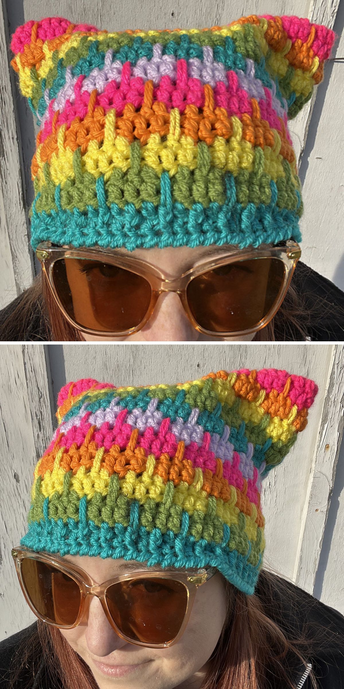 a striped crochet hat with cat ears