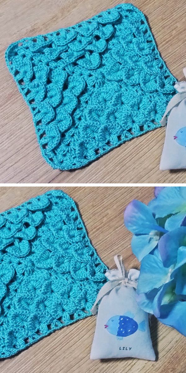 a blue crochet granny square with a textured design