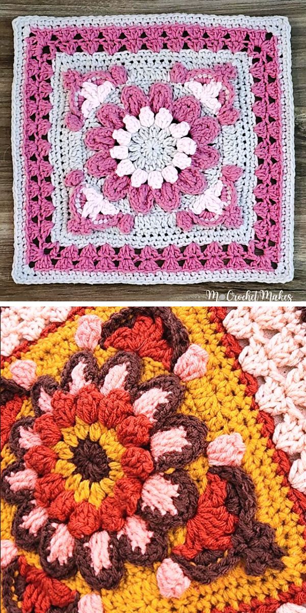 a crochet granny square with a flower motif
