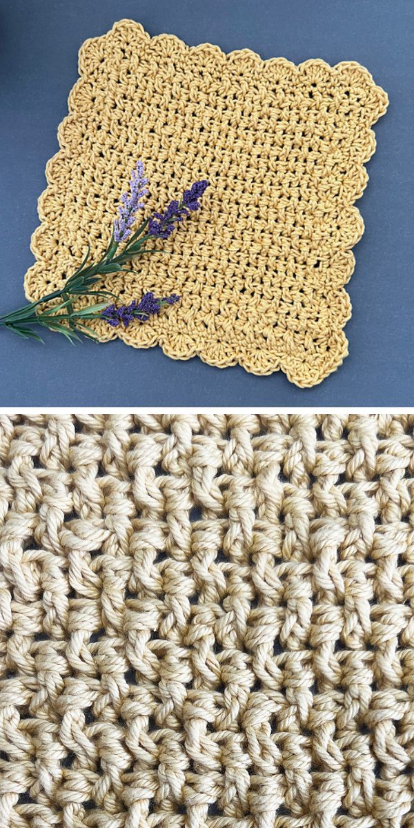 a crocheted dishcloth with a scalloped border