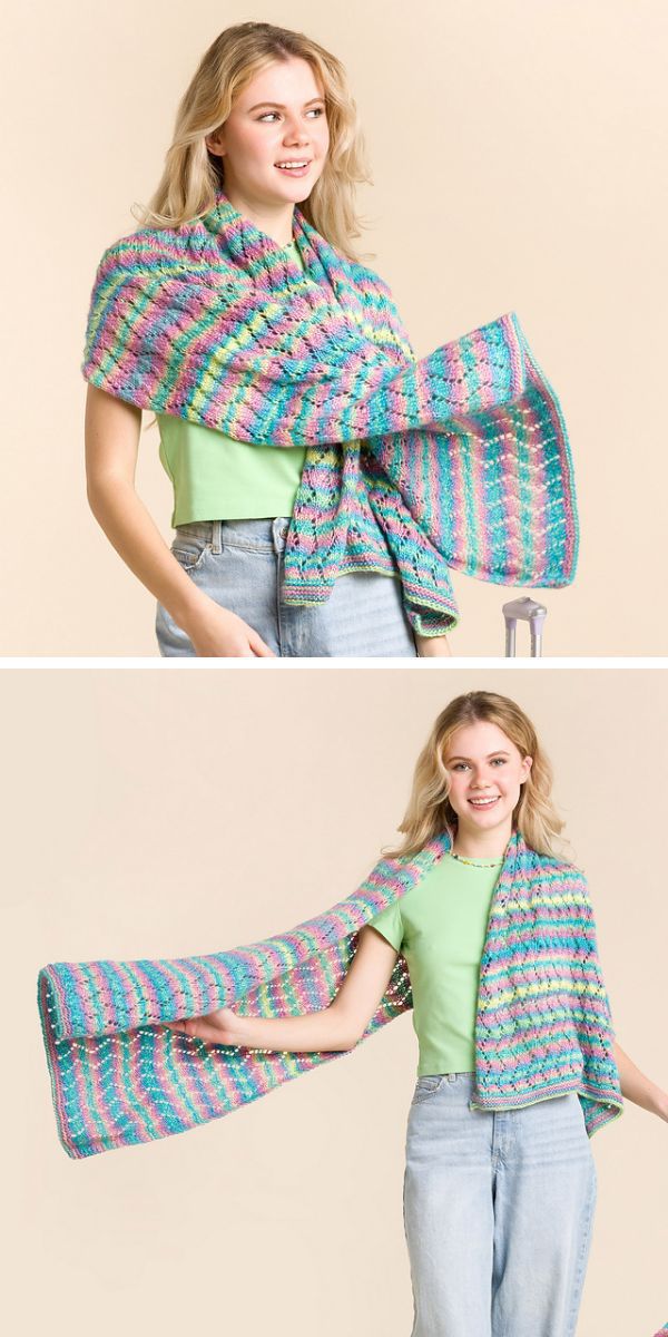 a girl wearing a colorful knit scarf with a lace wave pattern