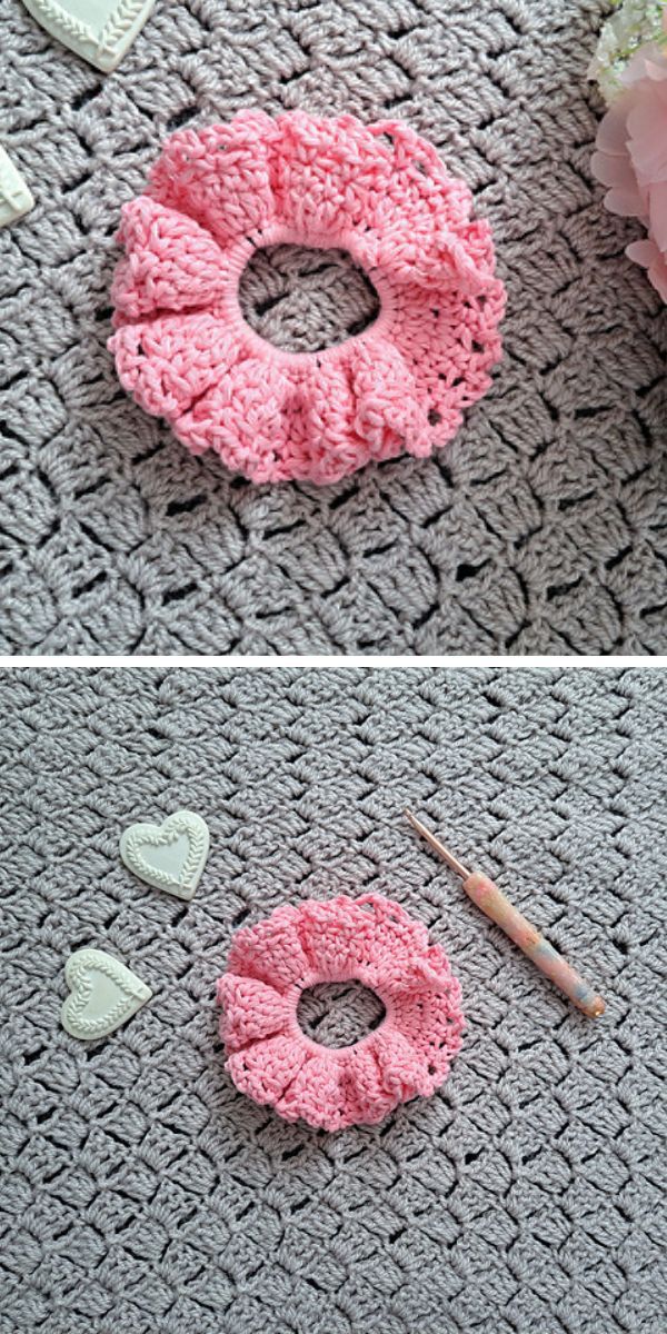 a simple pink crochet scrunchie