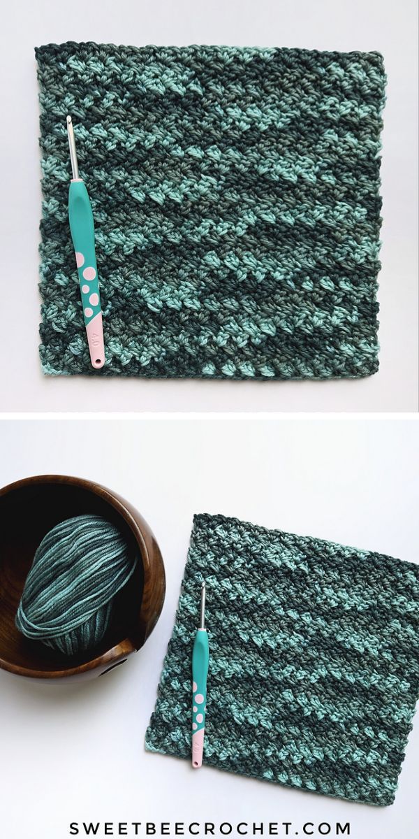 a crocheted washcloth in green colors