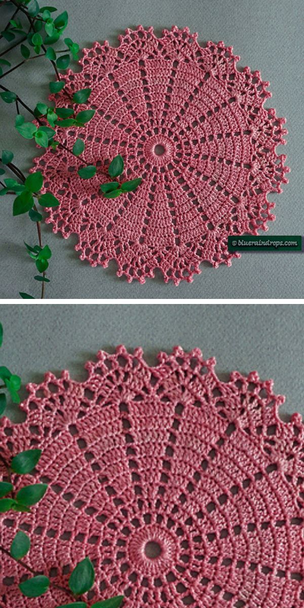 a lace crochet doily in dark pink