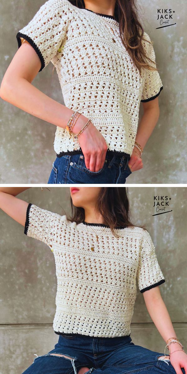 a woman wearing a crocheted top
