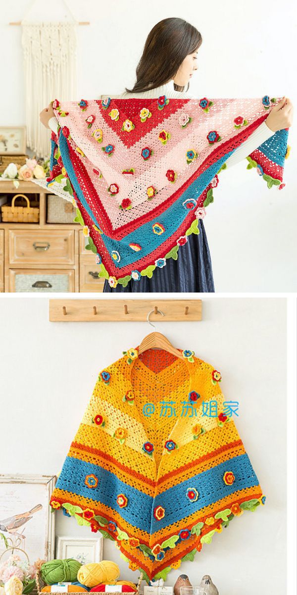 a crochet shawl with flower appliques 