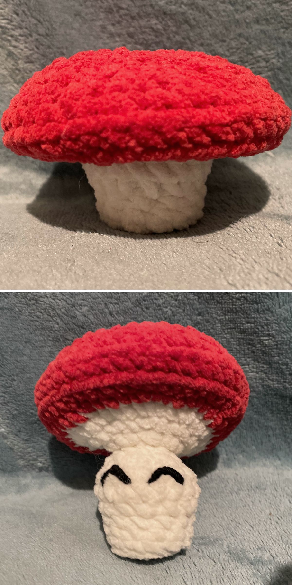 This charming crochet mushroom boasts a vibrant red cap and a sturdy white stem, with an adorable underside adorned by small black eyes.