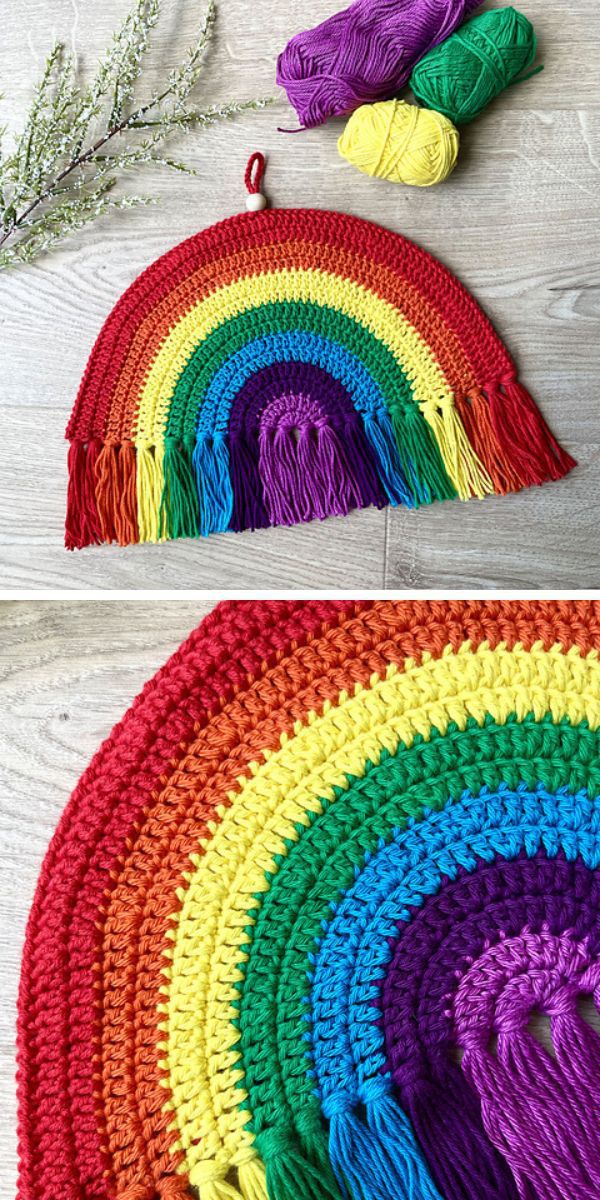 a crochet rainbow wall hanging with tassels