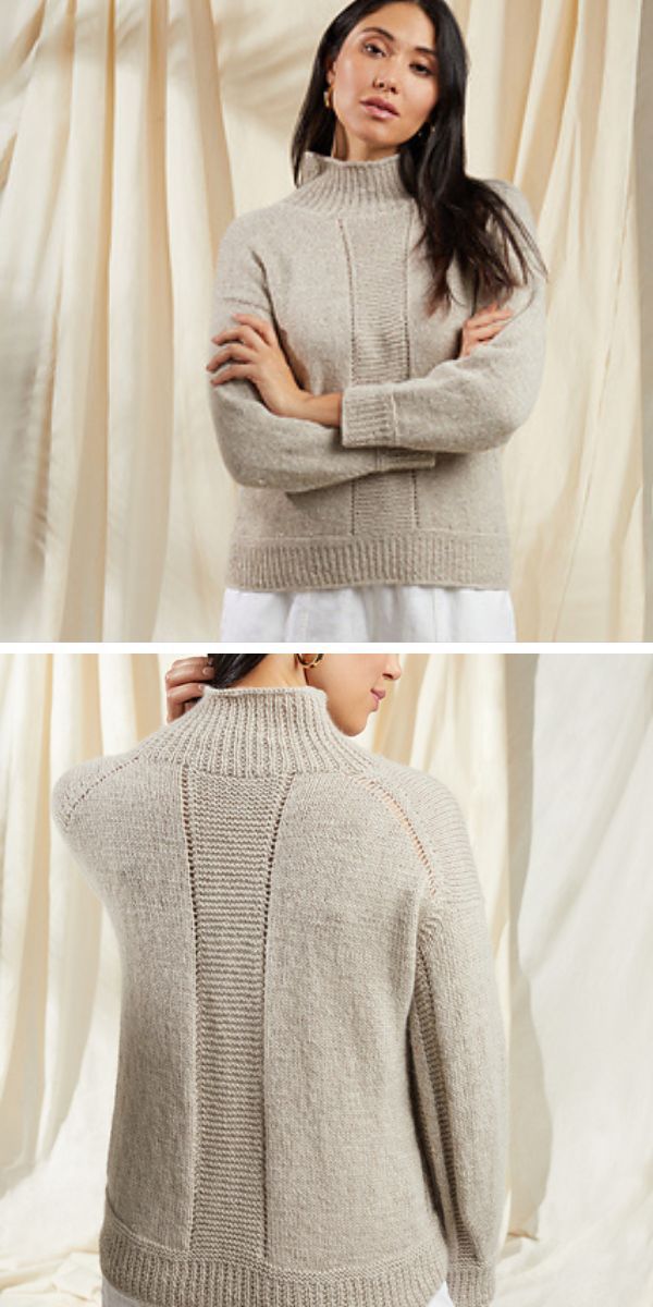 a woman wearing a simple knit sweater with a turtleneck and mesh ribbing