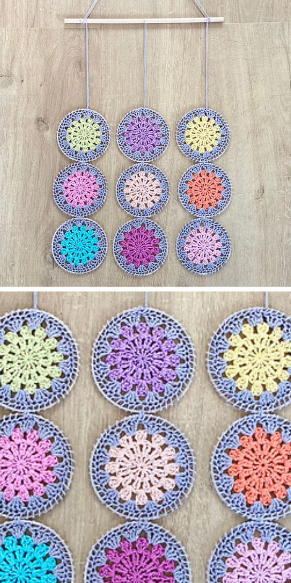 crochet wall hanging made of small mandalas