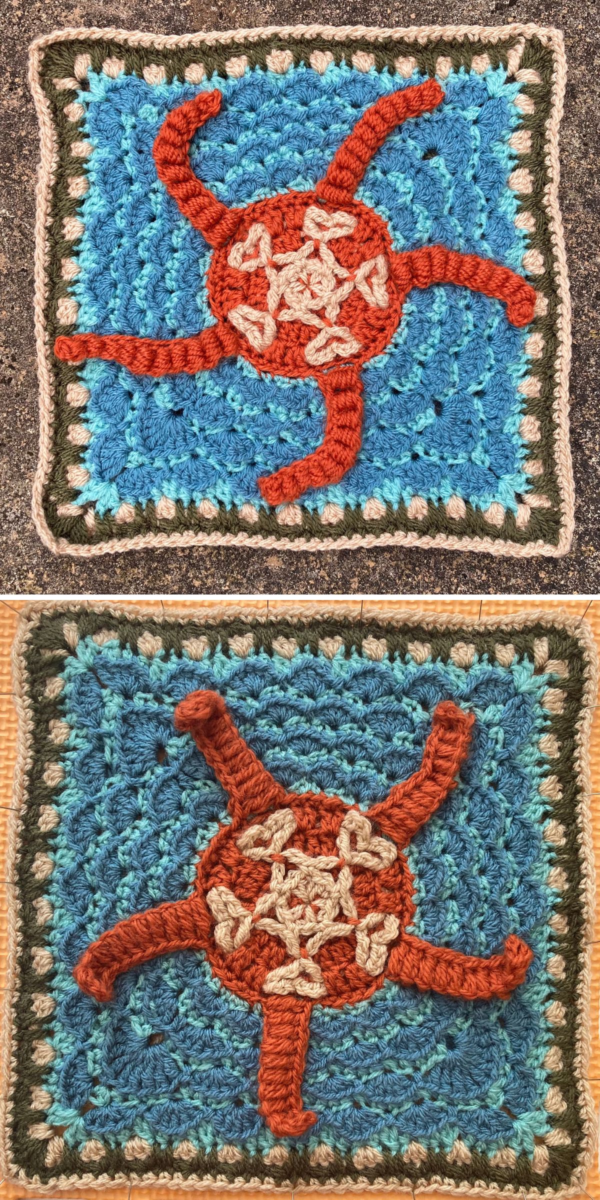 Two crochet afghan squares showcase a central circular design in striking red and soothing beige, set against a rich blue background with a distinct brown border.