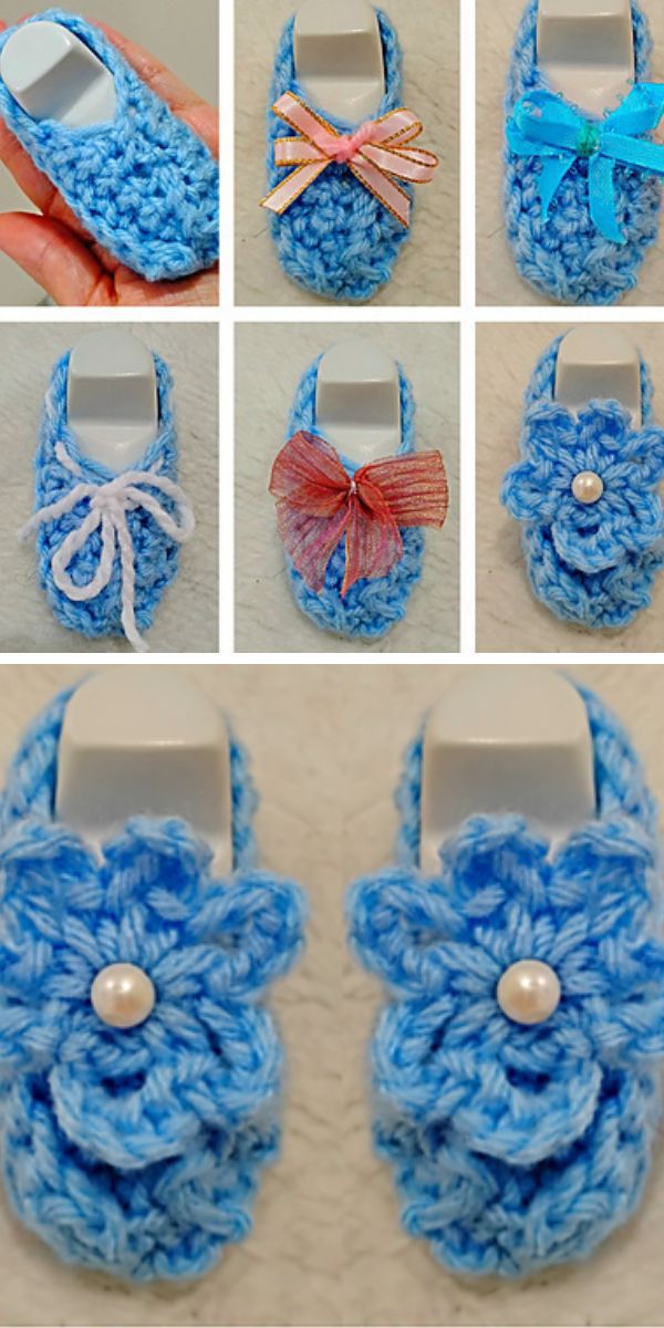 blue crochet baby booties with flowers