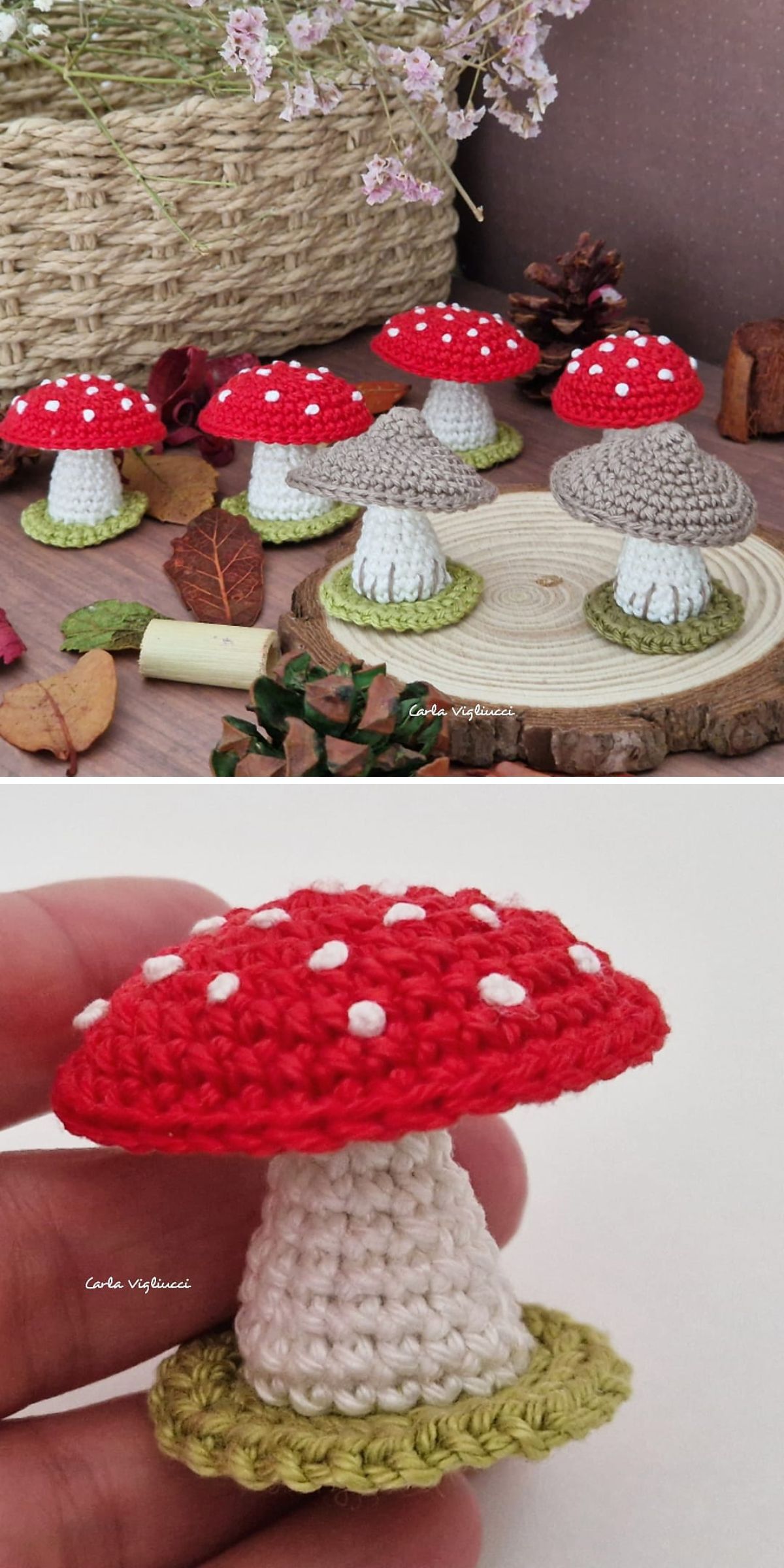 A charming collection of crochet mushrooms in red and gray hues, each with a white stalk, elegantly displayed on a table and delicately held in hand.