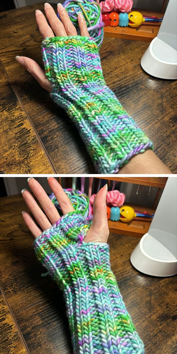 colorful knitted fingerless gloves