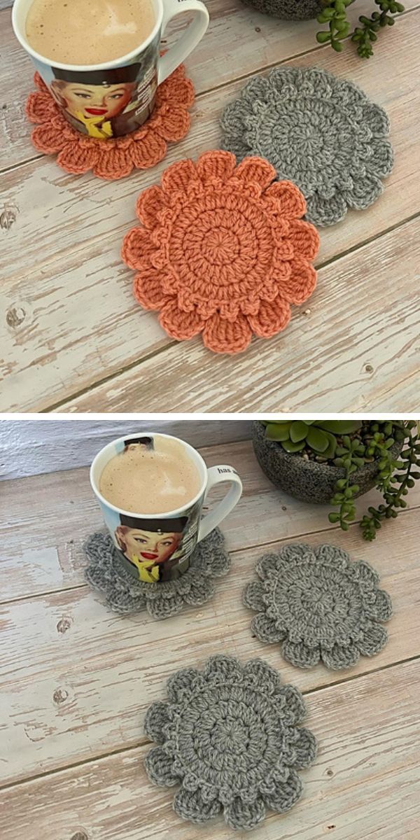 a set of crochet flower coasters in red and grey