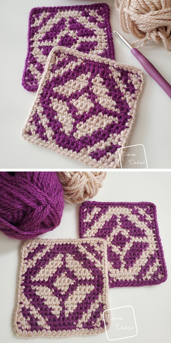 crochet squares with diamond motifs