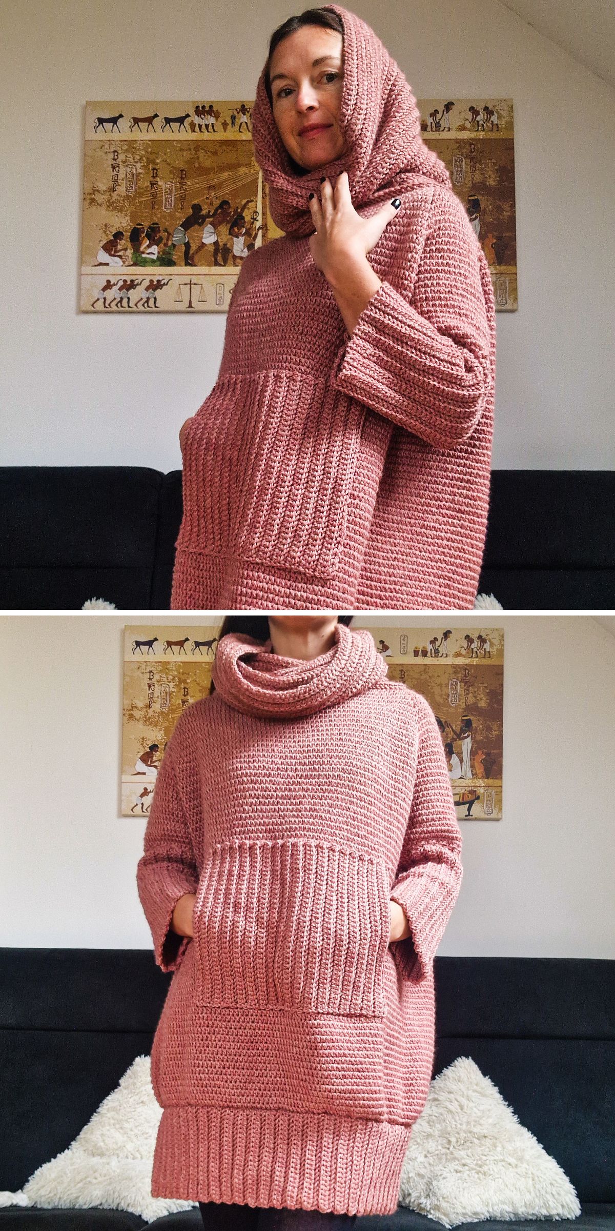 a woman wearing a pink crochet cardigan with a hood