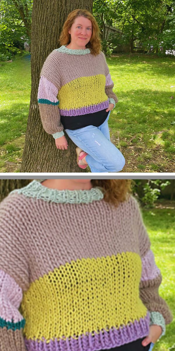 a woman wearing a multicolored knitted sweater