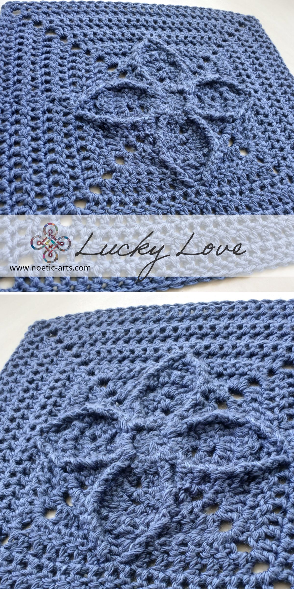 A blue crocheted afghan square featuring a flower pattern in the center. The text "Lucky Love" and a logo elegantly adorn the image.