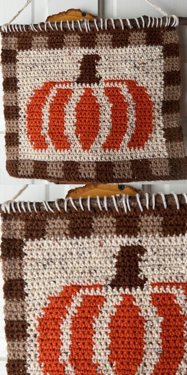 a crochet wall hanging with a pumpkin motif