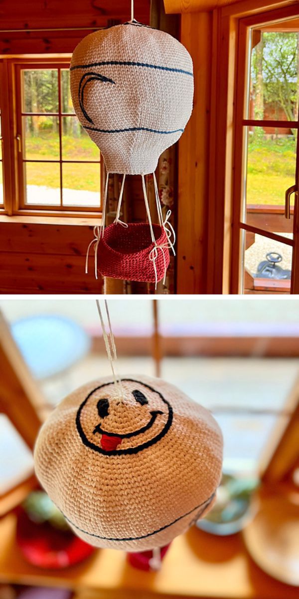 a crochet hot air balloon wall hanging