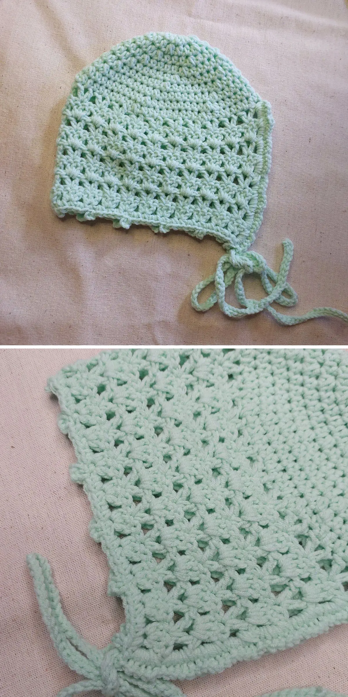 A light green crochet bonnet, crafted with a lace-like pattern and delicate ties, rests gracefully on a beige surface.
