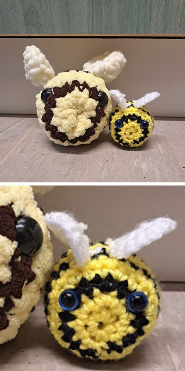 crochet bee amigurumi in two different sizes