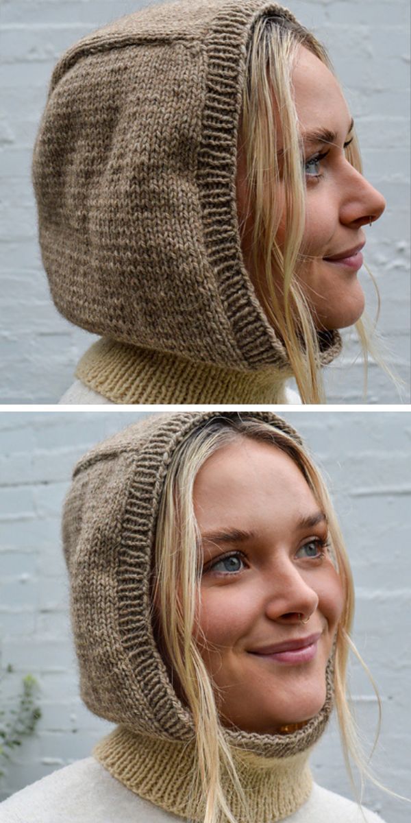 a woman wearing a knitted hood