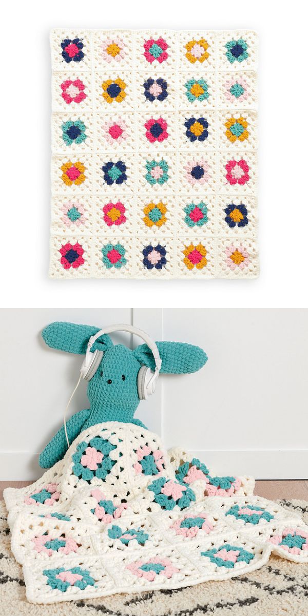 a crochet baby blanket made of colorful  granny squares