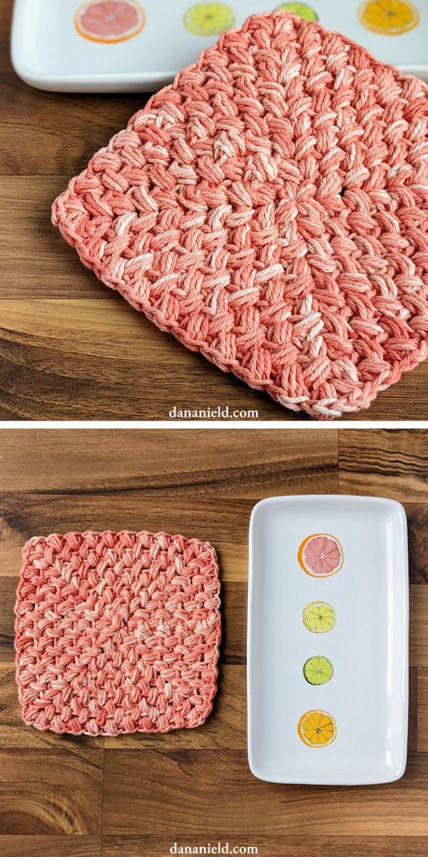 a pink thick crochet dishcloth